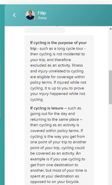 SafetyWing health and travel insurance doesn't cover bicycle touring
