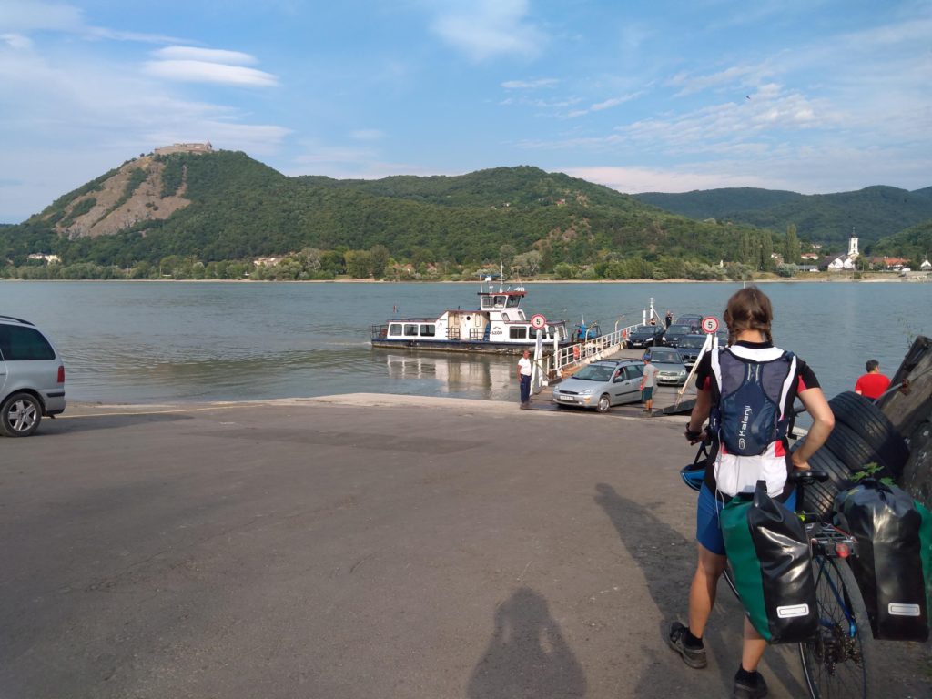 Travelling by bike in Hungary, waiting for a ferry to cross the Danube